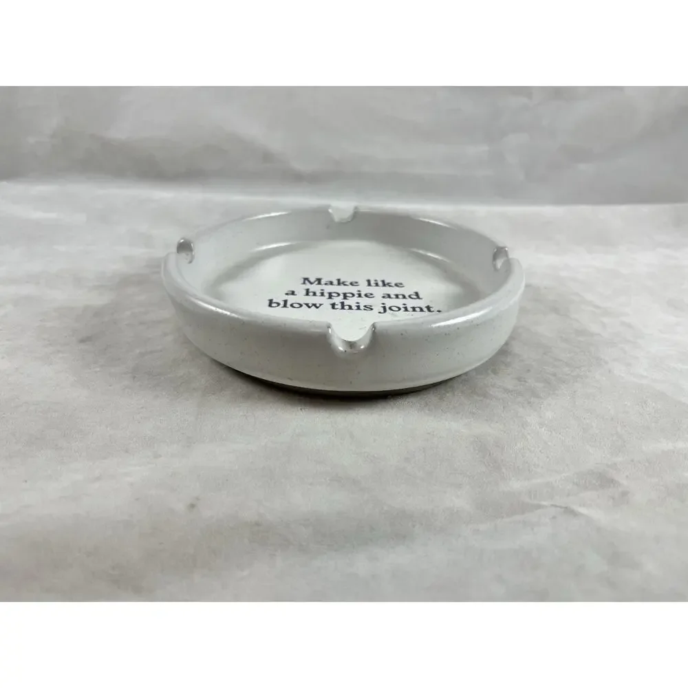 Urban Outfitters White Speckled Ceramic Ashtray with Navy Slogan